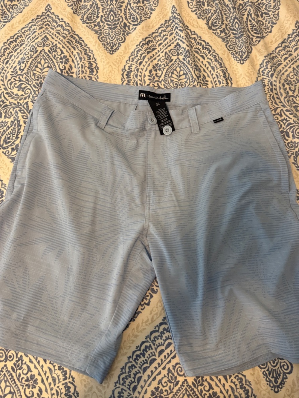 Travis Mathew Light Blue Patterned Flat Front Shorts